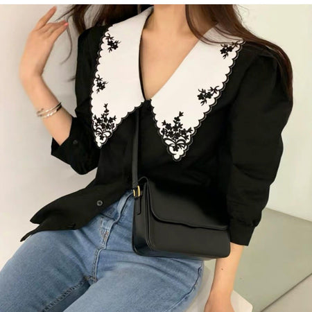 Tempa Vintage Blouse - front shot on model, black - Miss Mosa By Akanksha