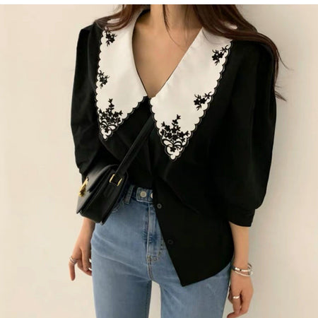 Tempa Vintage Blouse - front shot on model, black - Miss Mosa By Akanksha