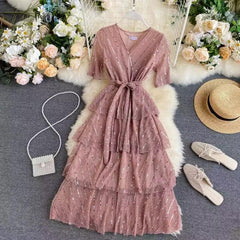 Tiered Party Dress - front shot on hanger, pink - Miss Mosa By Akanksha