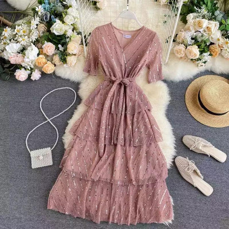 Tiered Party Dress - front shot on hanger, pink - Miss Mosa By Akanksha