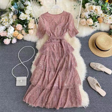 Tiered Party Dress - front shot on hanger, pink - Miss Mosa By Akanksha
