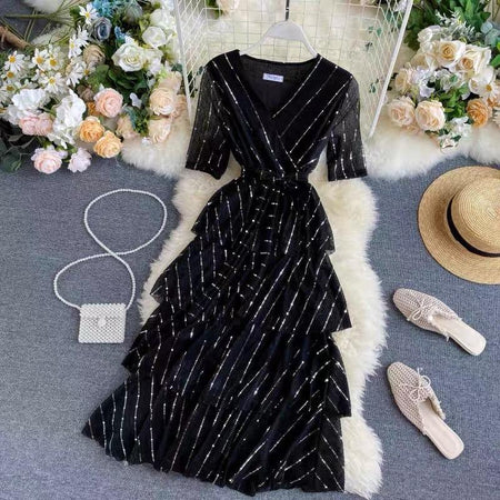 Tiered Party Dress - front shot on hanger, black - Miss Mosa By Akanksha