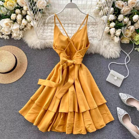 Tilly Layered Dress - back shot on hanger, mustard - Miss Mosa By Akanksha