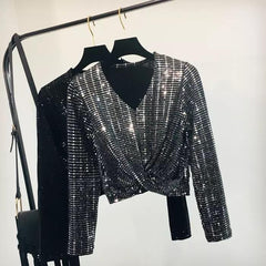 Tinsel Bling Luxury Tops - front shot on hanger, black - Miss Mosa By Akanksha