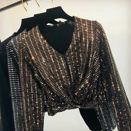 Tinsel Bling Luxury Tops - close-up of sequin fabric, black - Miss Mosa By Akanksha