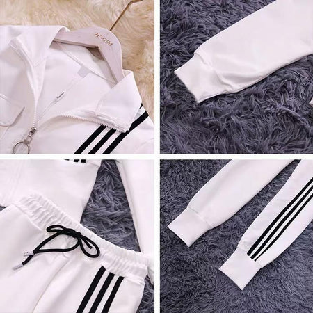 Trucker Statement Tracksuit - close-up of stripe detail, white - Miss Mosa By Akanksha
