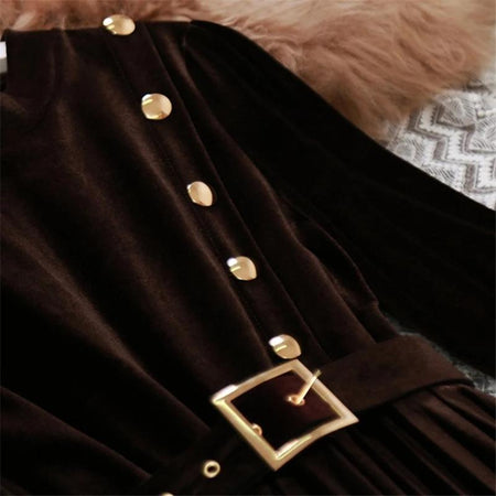 Velour Miranda Dress - close-up of buttons and belt, brown - Miss Mosa By Akanksha