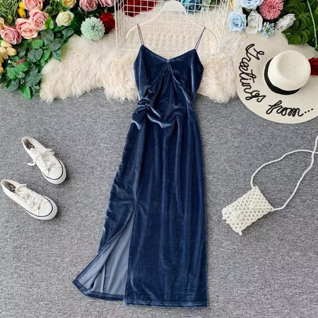 Velvet Vintage Dress - styled flat-lay shot, navy - Miss Mosa By Akanksha