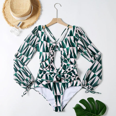 Vesta Luxury Swimsuit In Dark Green - front shot on hanger, green - Miss Mosa By Akanksha