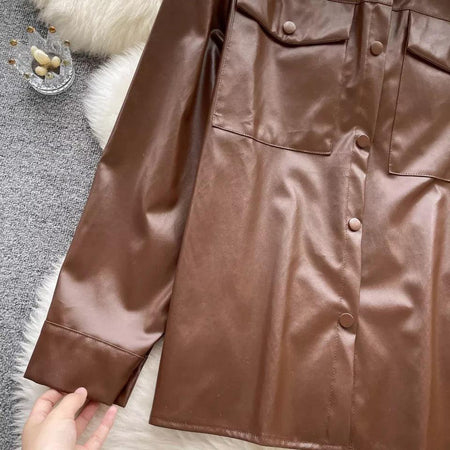 Vintage PU Leather Jacket - close-up of leather fabric, brown - Miss Mosa By Akanksha