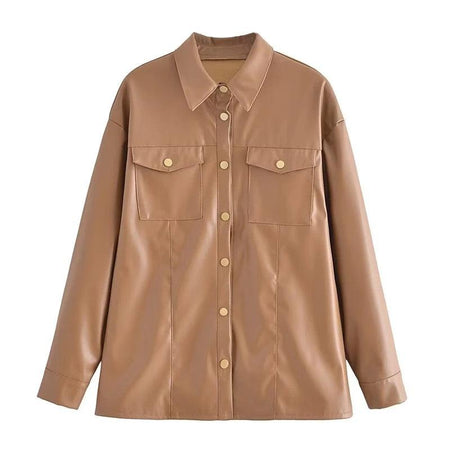 Vintage PU Leather Jacket - flat-lay product shot, beige - Miss Mosa By Akanksha