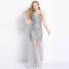 Waldorf Mesh Detailed Gowns - full-length shot on model, grey - Miss Mosa By Akanksha