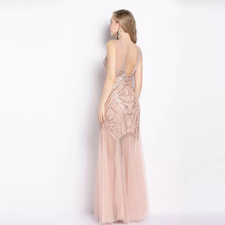 Waldorf Mesh Detailed Gowns - back shot on model, blush pink - Miss Mosa By Akanksha