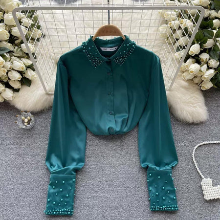 Teal - Celestia Pearl Satin Detailed Tops