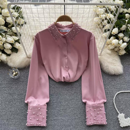 Peach - Celestia Pearl Satin Detailed Tops