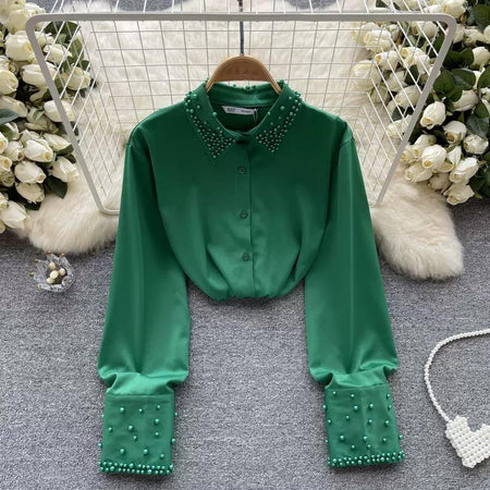Green - Celestia Pearl Satin Detailed Tops