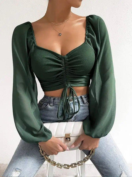 Green - Jenny Drawstring Lantern Sleeve Crop Top