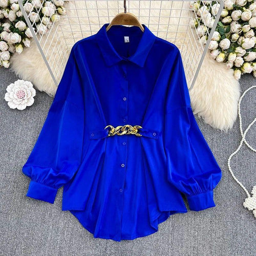 Renata Satin Shirt Dress In Blue