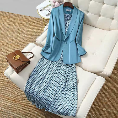 Willa A Line Dress with Blazer In Blue - styled flat-lay shot, blue - Miss Mosa By Akanksha