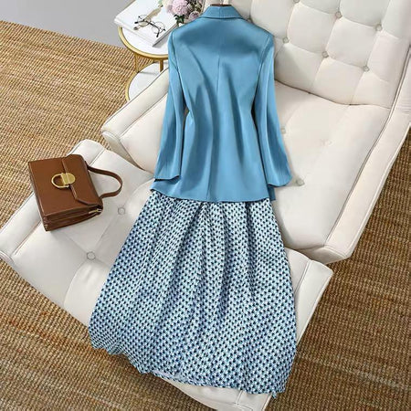 Willa A Line Dress with Blazer In Blue - back shot styled flat-lay, blue - Miss Mosa By Akanksha
