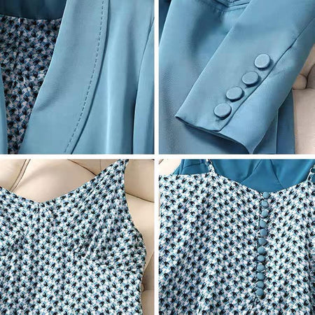 Willa A Line Dress with Blazer In Blue - close-up of detail, blue - Miss Mosa By Akanksha