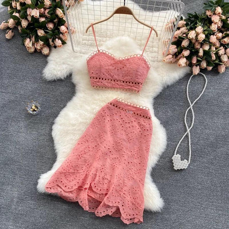Winnie Eyelet Coord Set - styled flat-lay shot, pink - Miss Mosa By Akanksha