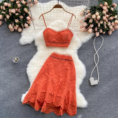 Winnie Eyelet Coord Set - styled flat-lay shot, orange - Miss Mosa By Akanksha