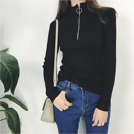 Zipper Up Turtleneck - front shot on model, black - Miss Mosa By Akanksha