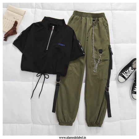 Black top, Green Pants Set - Betty Coord Sets