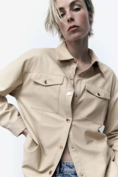 Beige - Vintage PU Leather Jacket