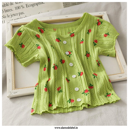 Cherry Buttoned Crop Top - Alamode By Akanksha