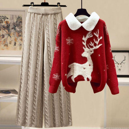 Red Top Beige Pants - Reindeer Woolen Coord Set