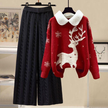 Red Top Black Pants - Reindeer Woolen Coord Set