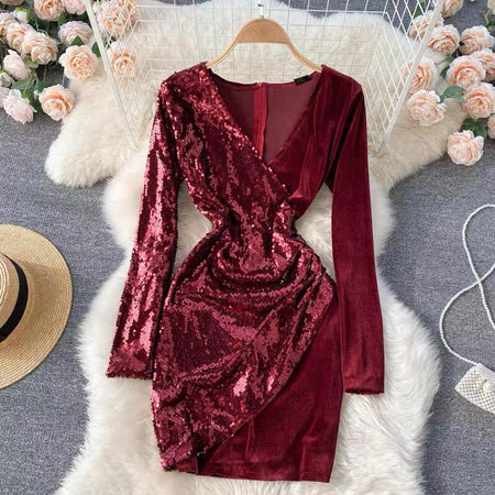 Maroon - Tinsel Sequined Dress