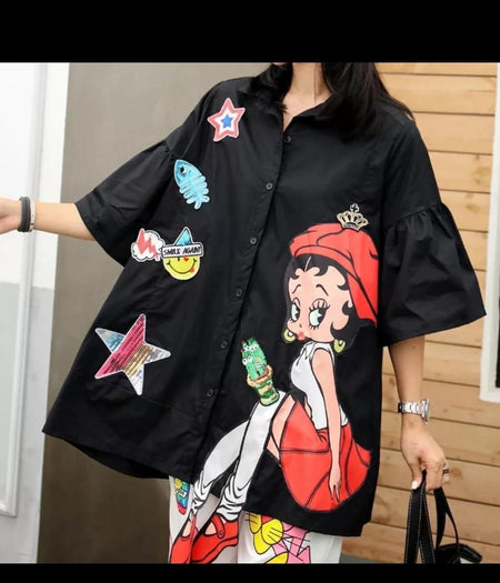 Black - Cartoon Funky Shirt Dress