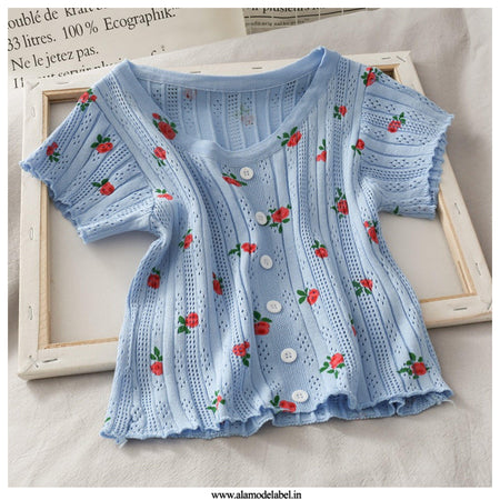 Blue - Cherry Buttoned Crop Top