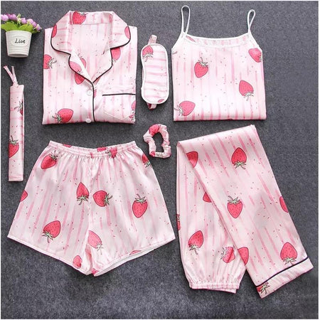 Strawberry - 7 Pc Nightset -Satin Silk