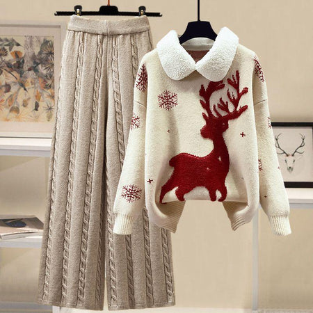 White Top Beige Pants - Reindeer Woolen Coord Set