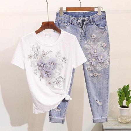 White Top with Denims - Brisket Embellished Set of Top and Denims