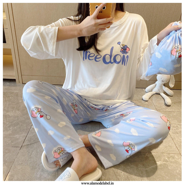 Iris Set of Cotton Nightsuit with Bag - Alamode By Akanksha