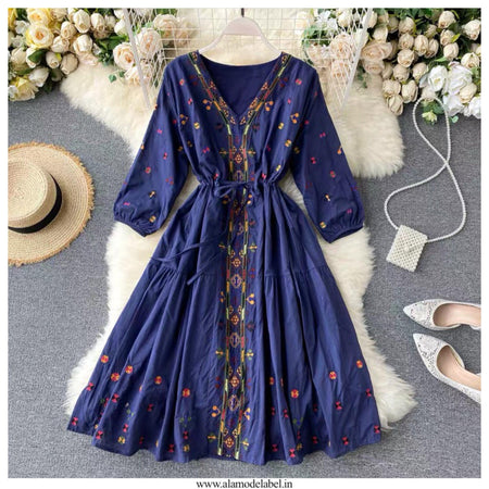 Blue - Selena Embroidered Dress