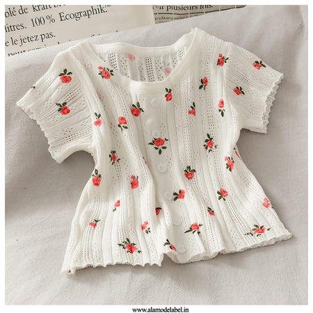 White - Cherry Buttoned Crop Top