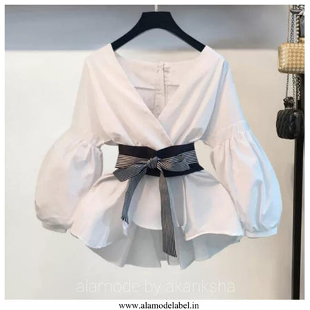 Bubble Sleeve Top With Belt - Alamode By Akanksha