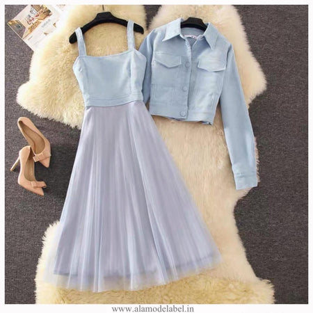 Blue - Monilo Set of Mesh Dress with Jacket