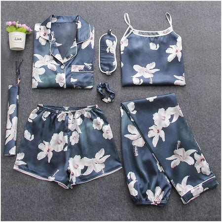 Blue - 7 Pc Nightset -Satin Silk