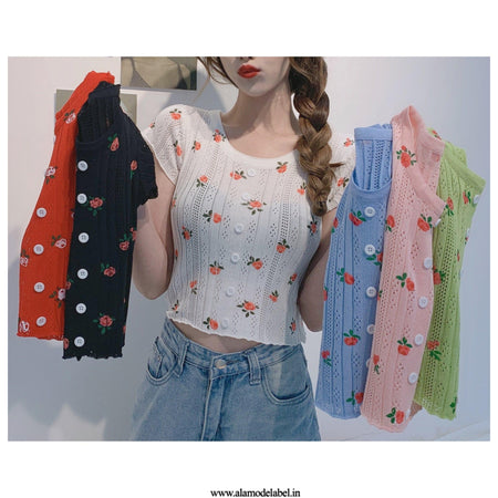 Cherry Buttoned Crop Top - Alamode By Akanksha