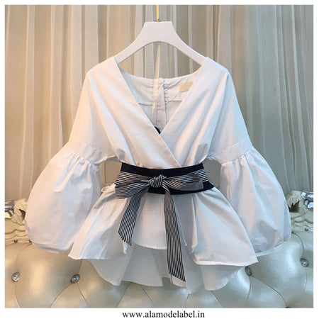 Bubble Sleeve Top With Belt - Alamode By Akanksha