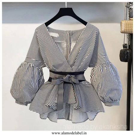 Bubble Sleeve Top With Belt - Alamode By Akanksha
