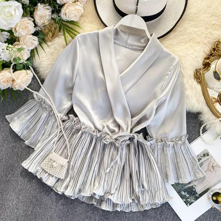 Silver - Ruffled Satin Blouse